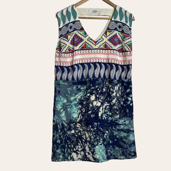 Tibi Aztec Mixed Print 10% Silk Sleeveless V-Neck Mini Shift Dress Size 6 - Picture 5 of 10